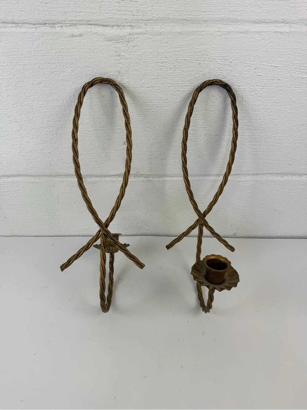 Vtg Homco Home Interiors Gold Twisted Metal Rope Candle Sconces Ribbon Loop Pair